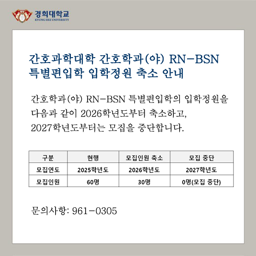 RN-BSN 특별편입학 입학정원 축소 안내